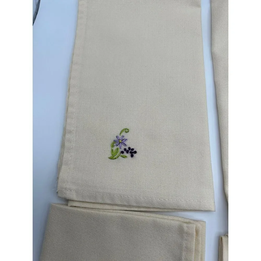6 Hand‎ Embroidery Table Napkins  Flowers Purple With Green Leaves
